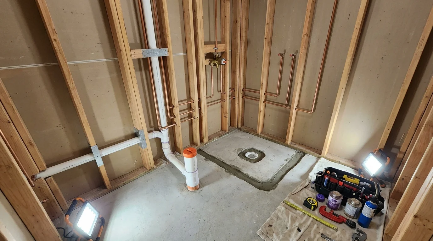 Bathroom rough-in plumbing during remodel by Johns Plumbing LLC in Champaign