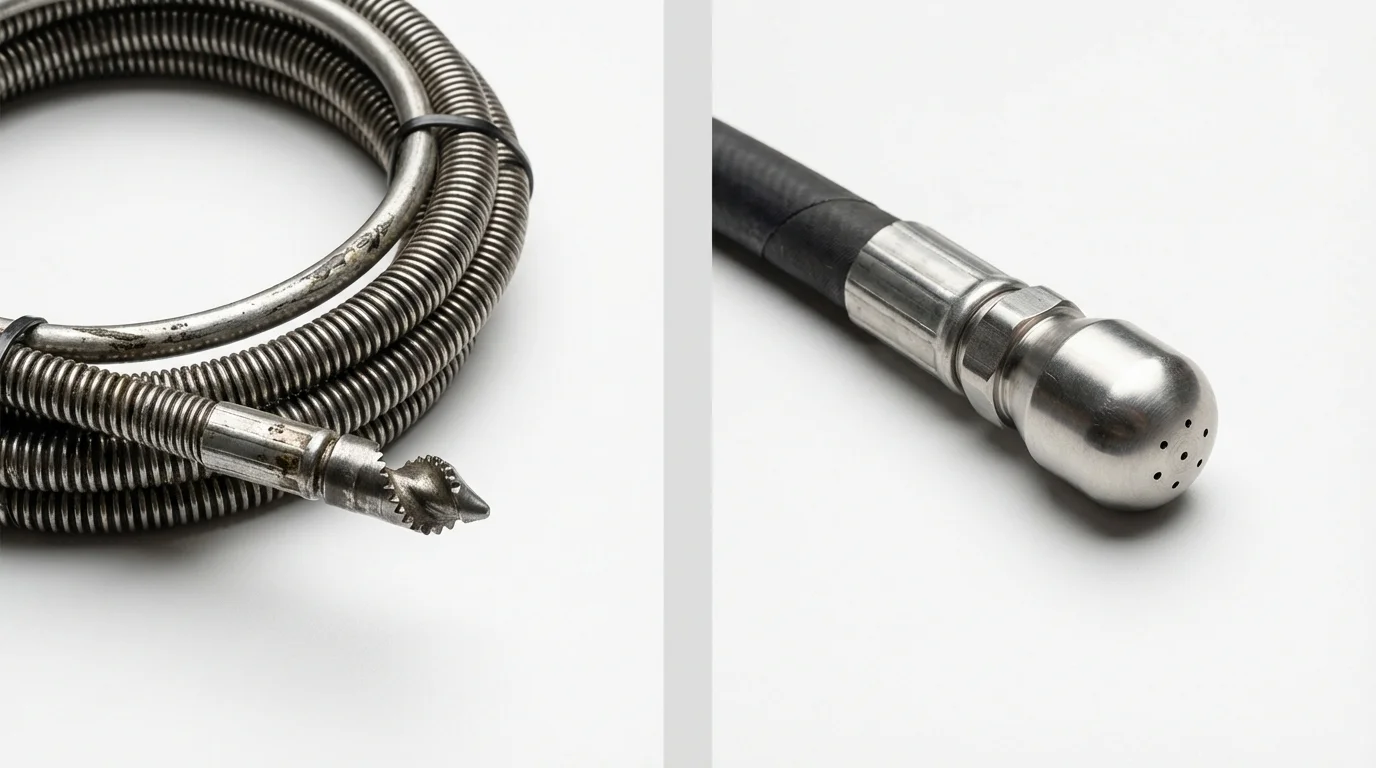 Drain snake cable and hydro jetting nozzle used for drain cleaning in Champaign, IL