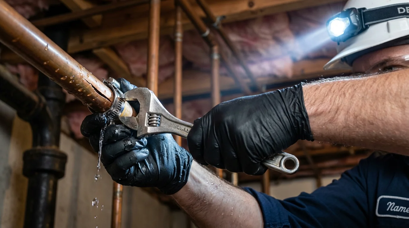 Emergency pipe clamp repair being performed by a Johns Plumbing LLC plumber in Champaign