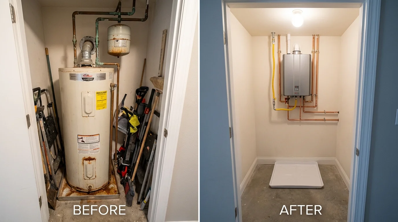 Tank water heater versus wall-mounted tankless unit comparison for Champaign, IL homeowners
