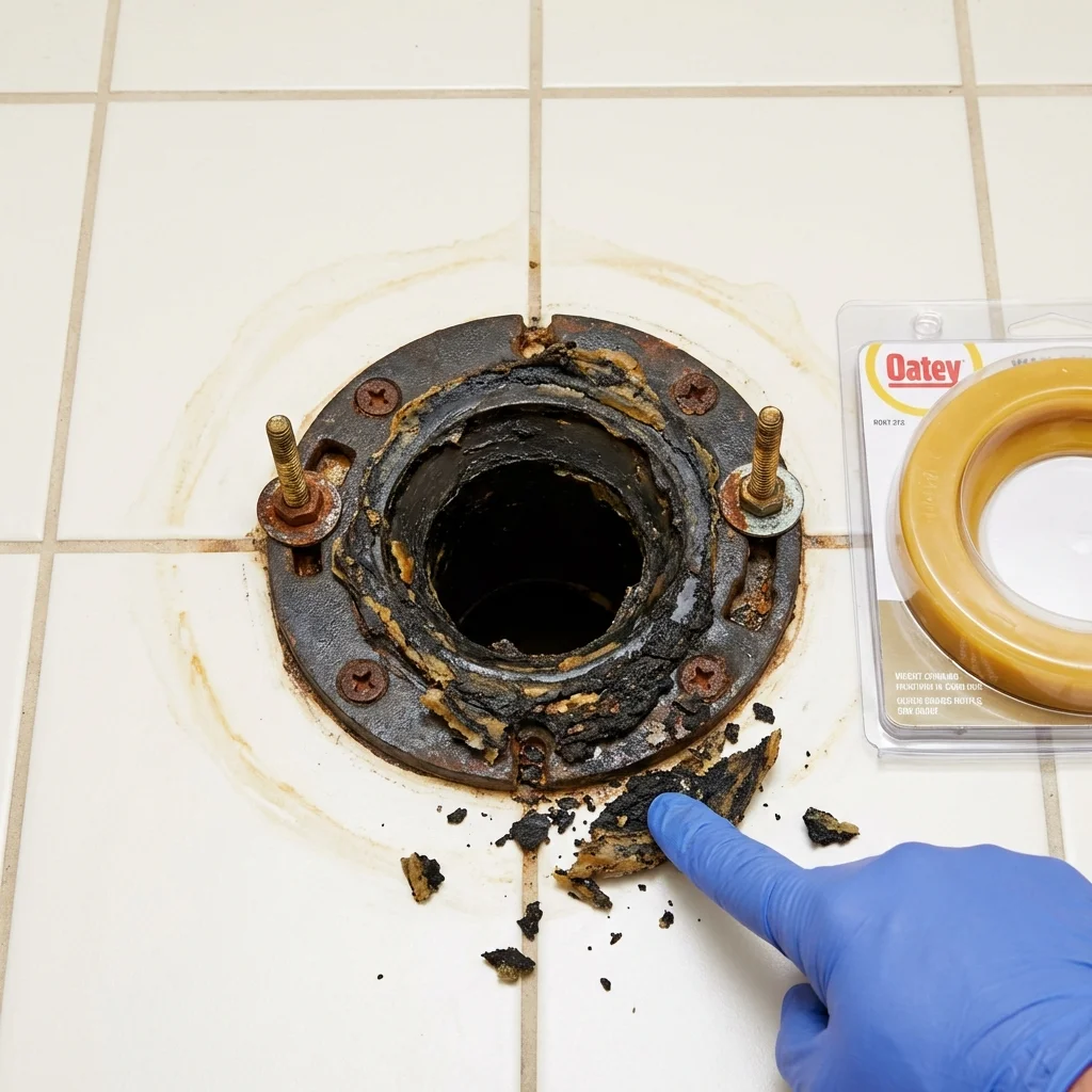Failed wax ring showing water seepage at the base of a toilet in a Champaign, IL home