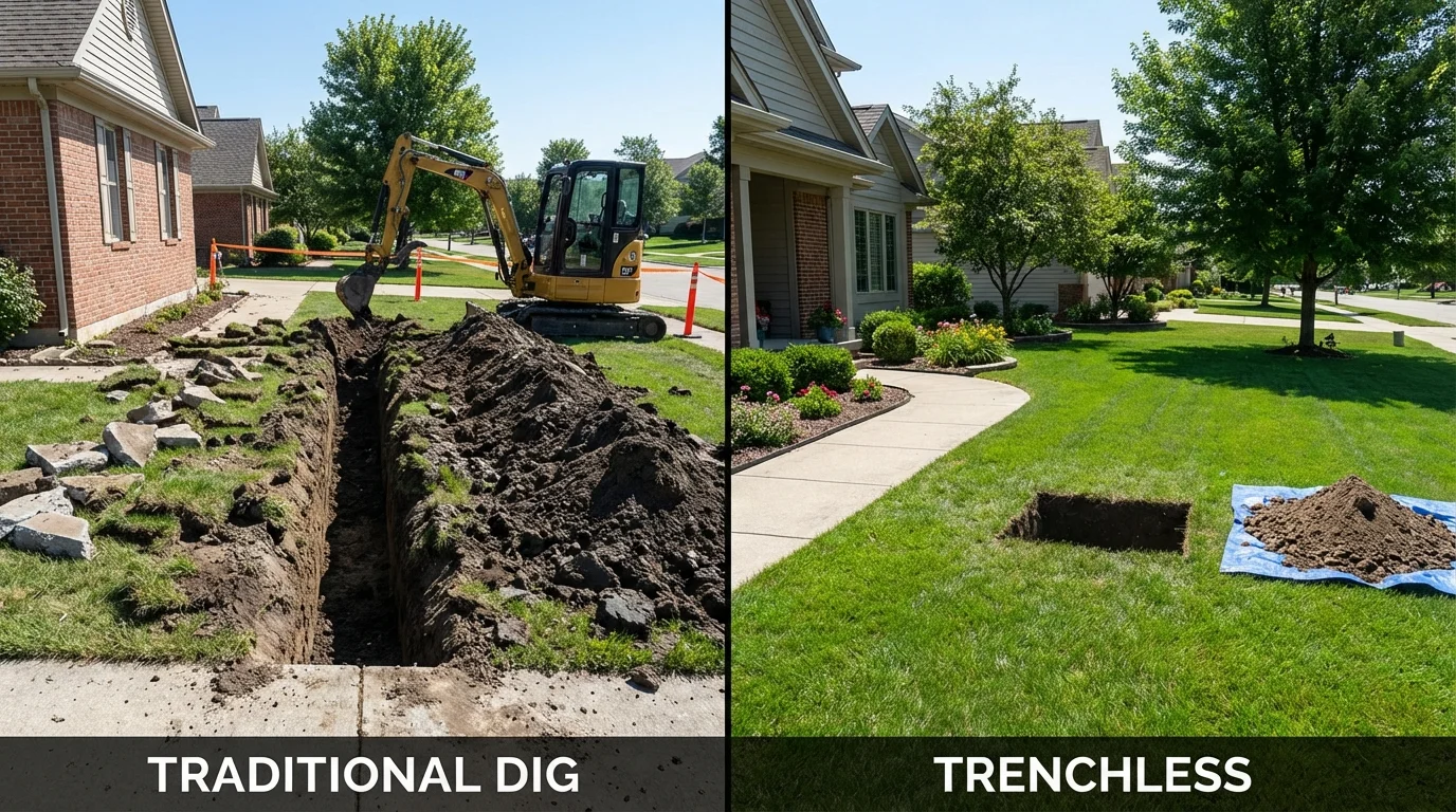Trenchless sewer repair with minimal yard damage versus traditional excavation in Champaign, IL