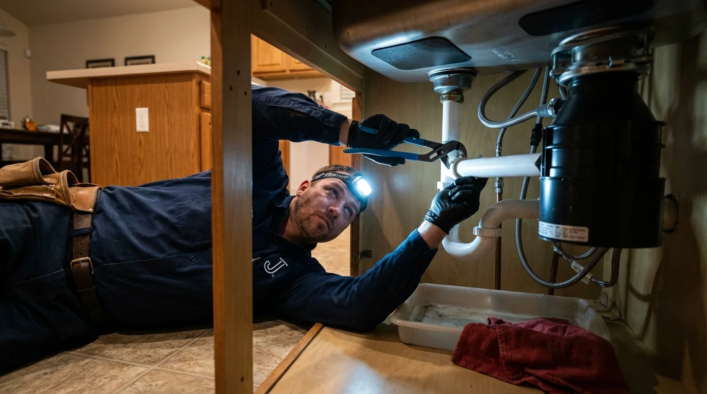 P-trap and supply line connections under a kitchen sink showing a common leak point in Champaign, IL